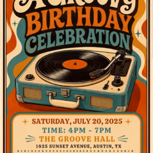 Retro 70s birthday invitation with vintage record player